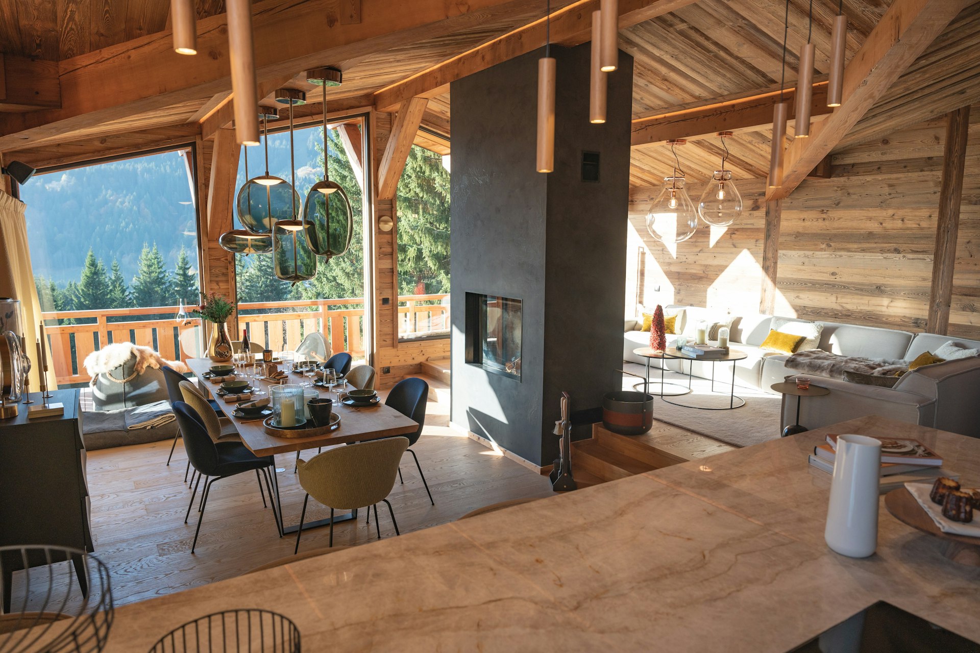 Luxurious wooden chalet interior with dining and living areas